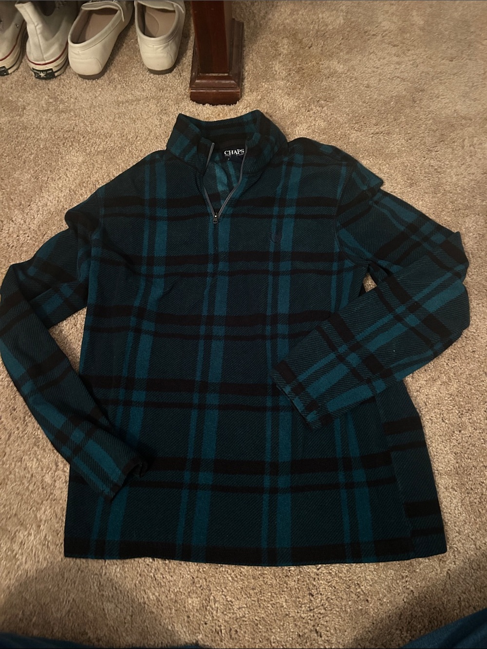 Chaps Men’s Teal and Black Plaid quarter zip Sweater